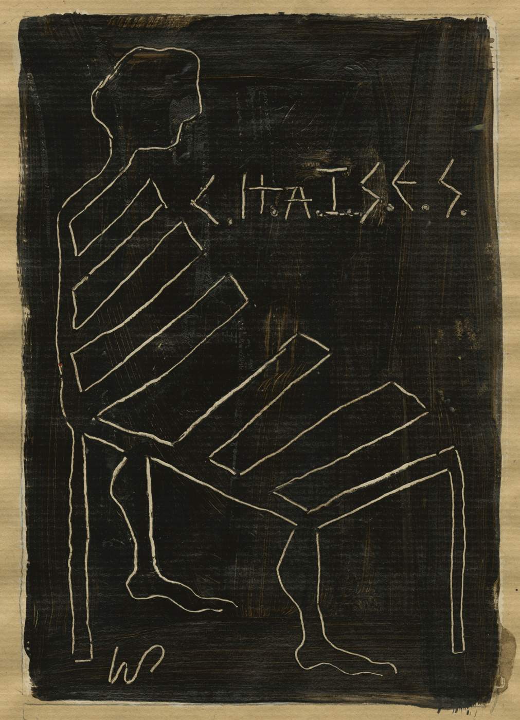 Wayne Pate&rsquo;s emblem for Chaises: a seated figure on a slatted garden chair, scratched in bone-white line through black paint on kraft paper, with the word CHAISES lettered above.